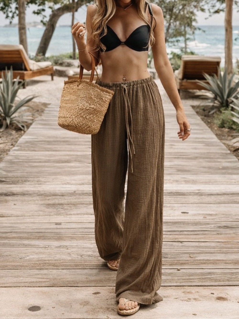 100% cotton textured drawstring pants brown summer beach pants low rise
